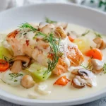 Blanquette de poisson crémeuse au Cookeo servie dans une assiette blanche
