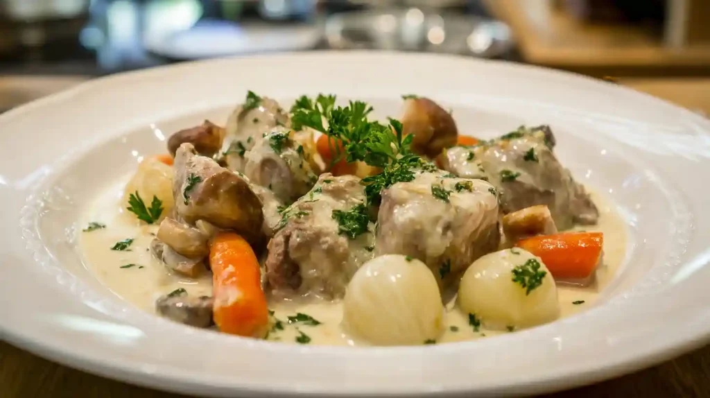 Dressage de la blanquette de veau dans une assiette blanche