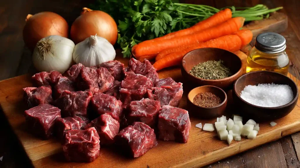 Ingrédients crus pour le bœuf bourguignon