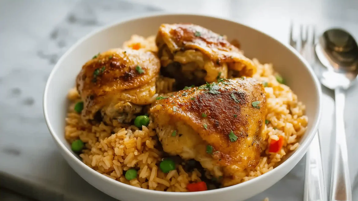 Cuisses de poulet au Cookeo avec du riz dans une assiette blanche