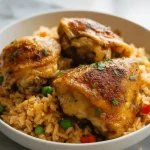 Cuisses de poulet au Cookeo avec du riz dans une assiette blanche
