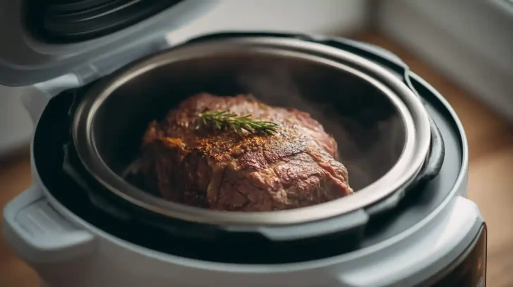 Rôti de bœuf Cookeo en cuisson vu en perspective intermédiaire