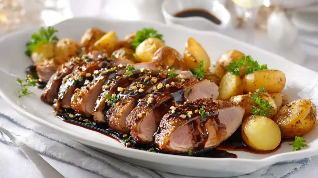 Magret de canard tranché servi avec sauce et pommes de terre