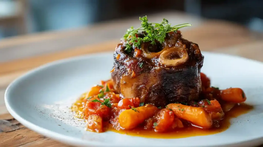Dressage final d’osso bucco dans une assiette blanche