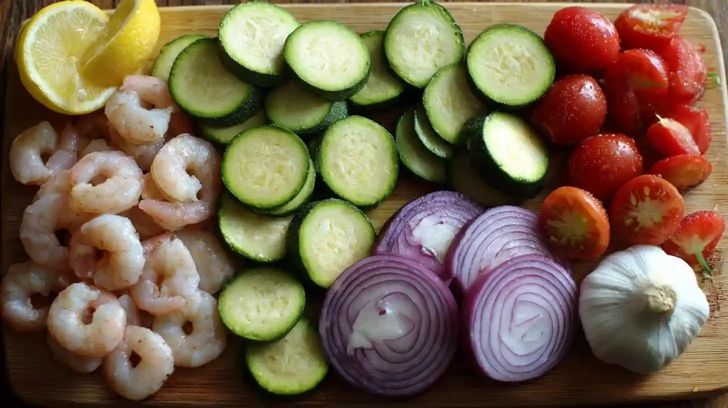 Ingrédients crus pour la poêlée de crevettes Cookeo