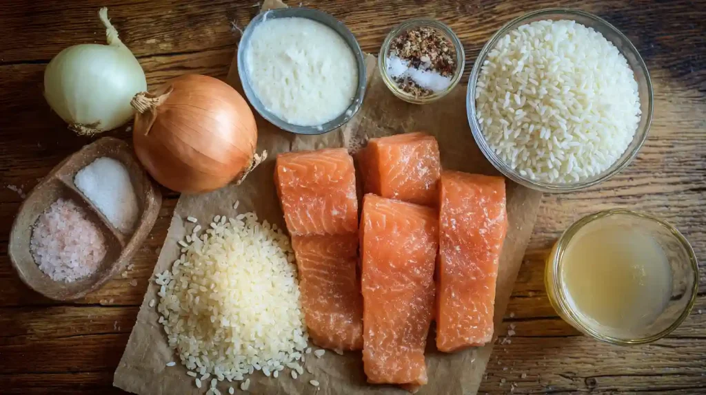 Ingrédients frais pour risotto au saumon