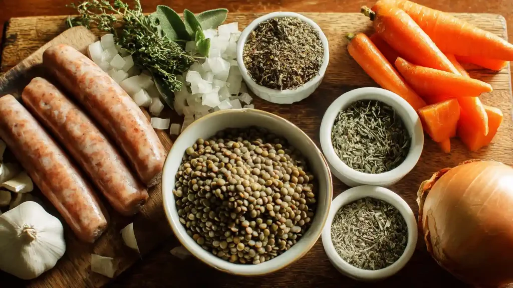 Ingrédients pour la saucisse lentilles Cookeo