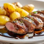Magret de canard tranché avec sauce au miel et pommes de terre