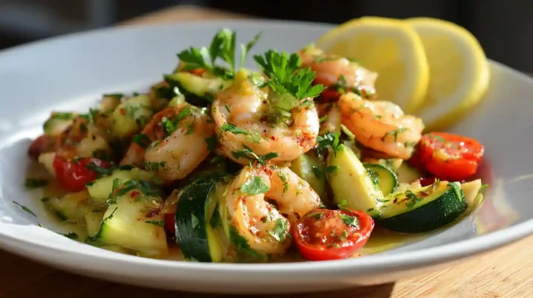Poêlée de crevettes et courgettes servie dans une assiette blanche