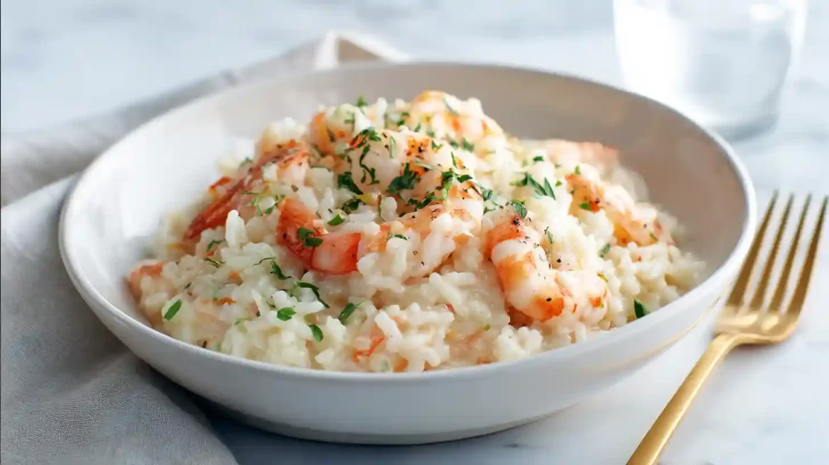 Risotto crevettes Cookeo servi dans une assiette blanche