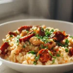 Risotto poulet chorizo au Cookeo dans une assiette blanche