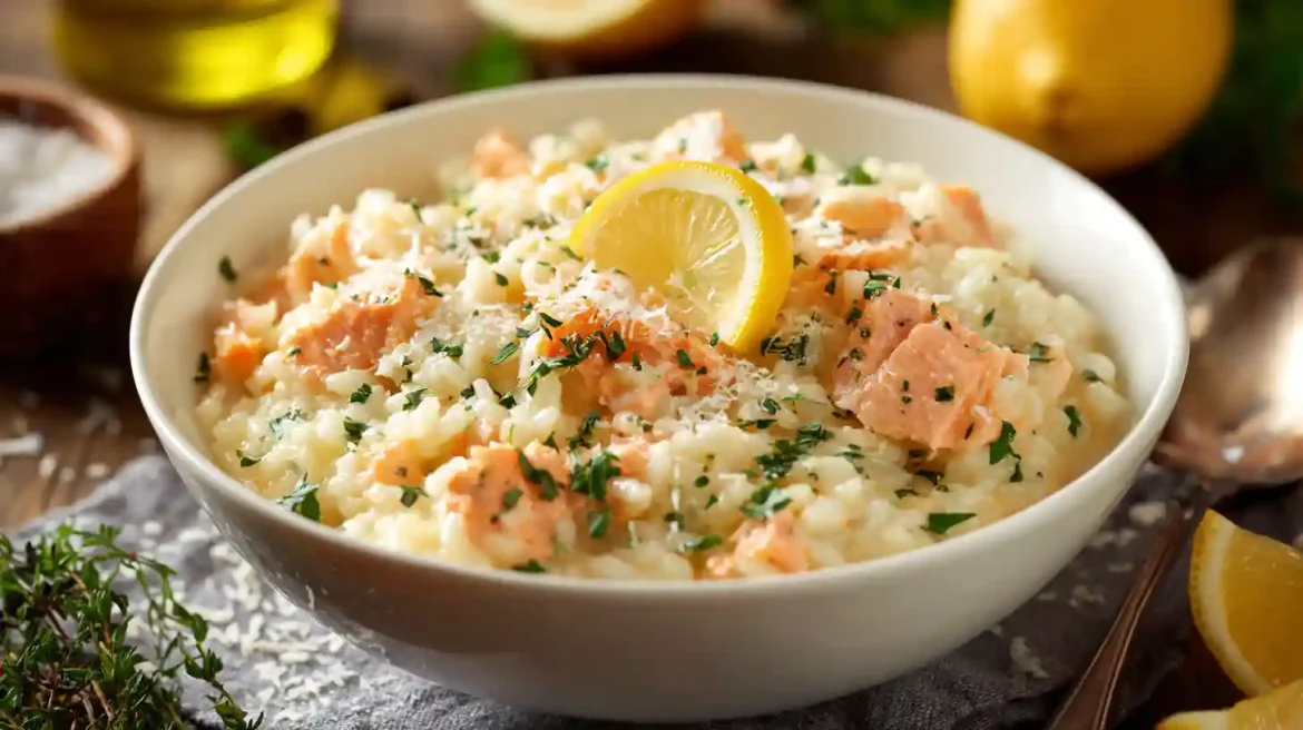 Risotto au saumon Cookeo Risotto au saumon crémeux servi dans une assiette blanche