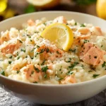 Risotto au saumon crémeux servi dans une assiette blanche