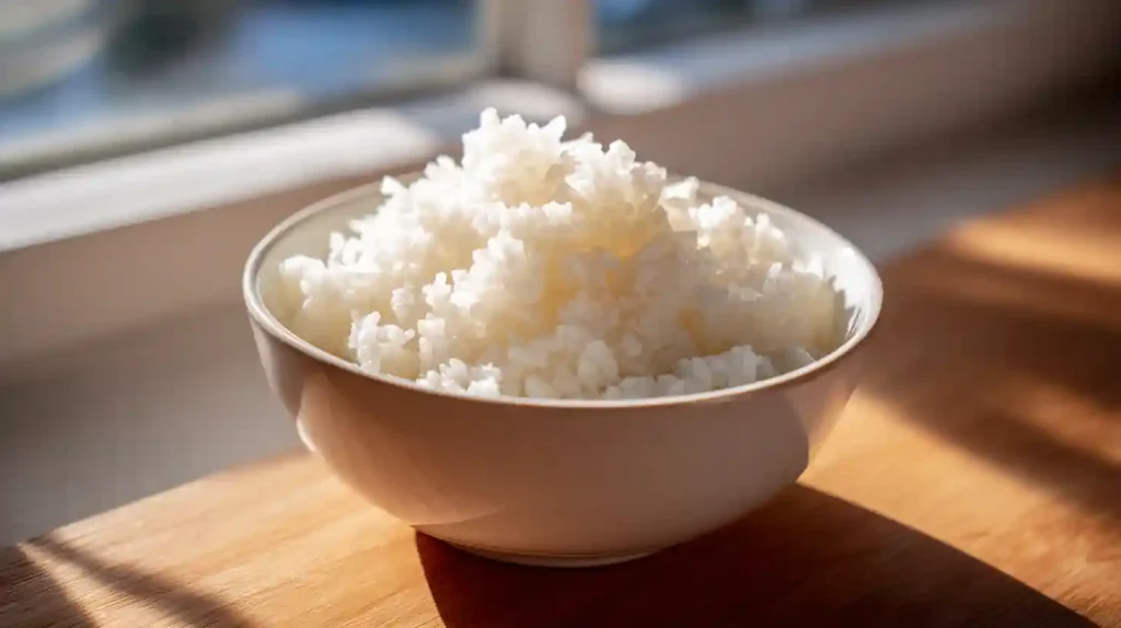 Riz sushi assaisonné prêt à déguster, dans une assiette blanche