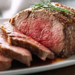 Rôti de bœuf Cookeo coupé en tranches, présenté dans une assiette blanche