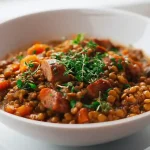 Saucisse lentilles Cookeo servies dans une assiette blanche