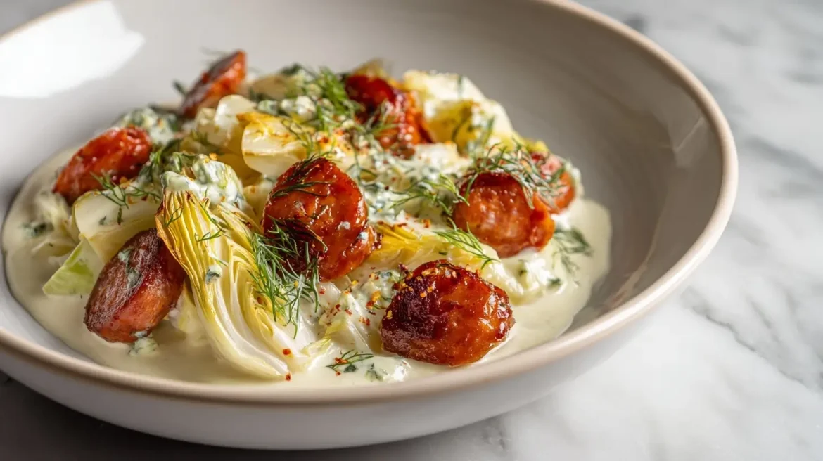 Savoureuse fondue d'endives aux saucisses fumées au Cookeo, fondante et délicieuse.