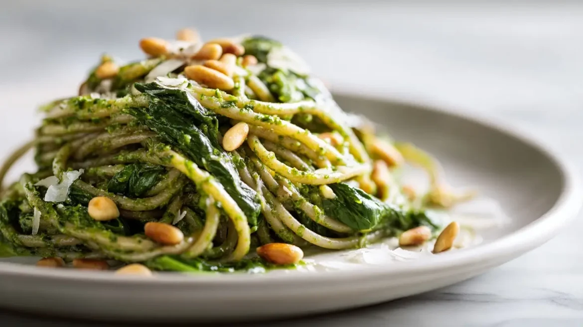 Pâtes complètes au pesto d’épinards et pignons en Cookeo, un plat savoureux et coloré.