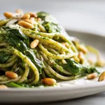 Pâtes complètes au pesto d’épinards et pignons en Cookeo, un plat savoureux et coloré.