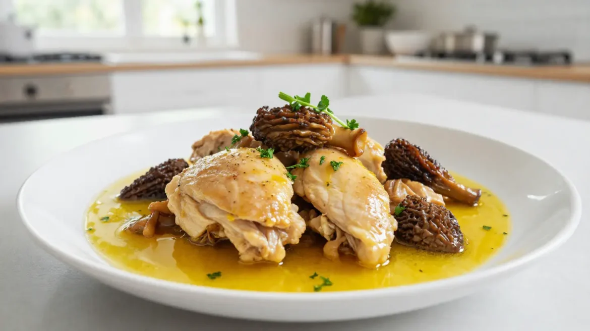 Délicieux coq au vin jaune avec des morilles préparé facilement au Cookeo.