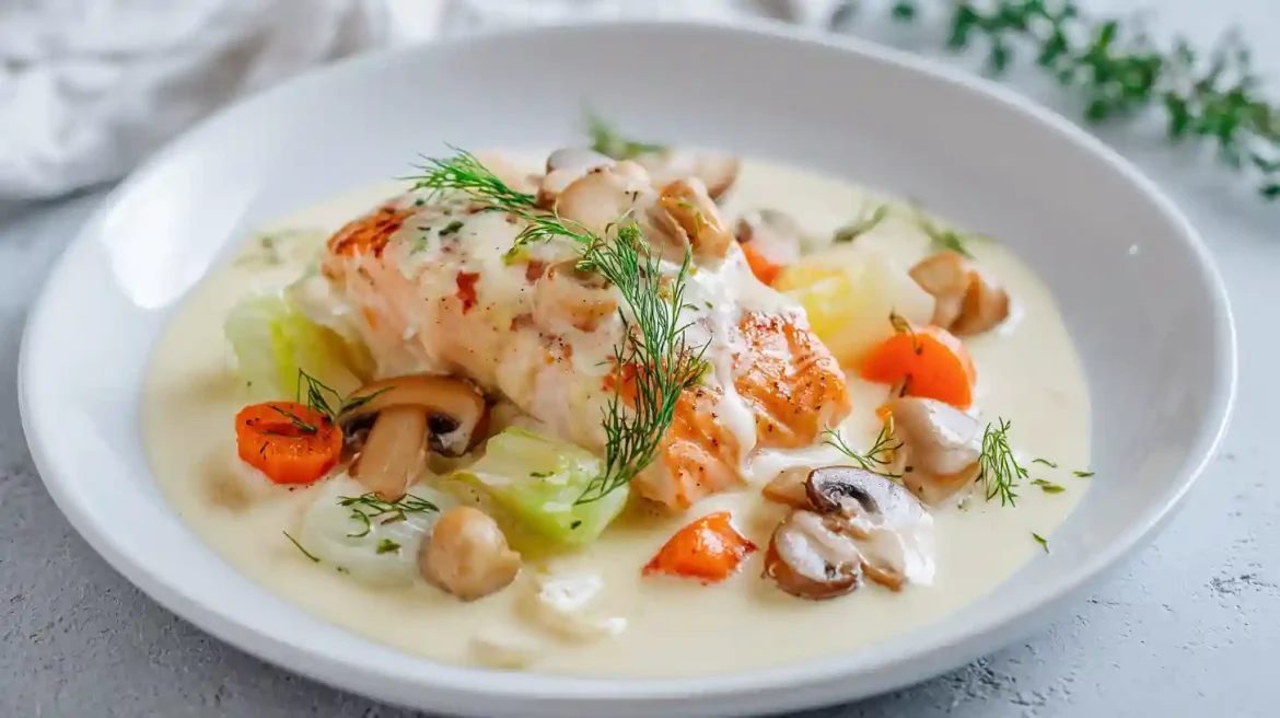 Blanquette de poisson au Cookeo Blanquette de poisson crémeuse au Cookeo servie dans une assiette blanche