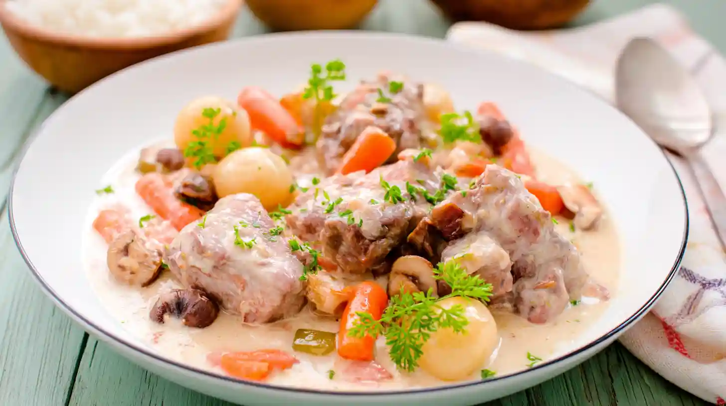 Blanquette de veau servie dans une assiette blanche avec sauce crémeuse, carottes, oignons grelots et champignons