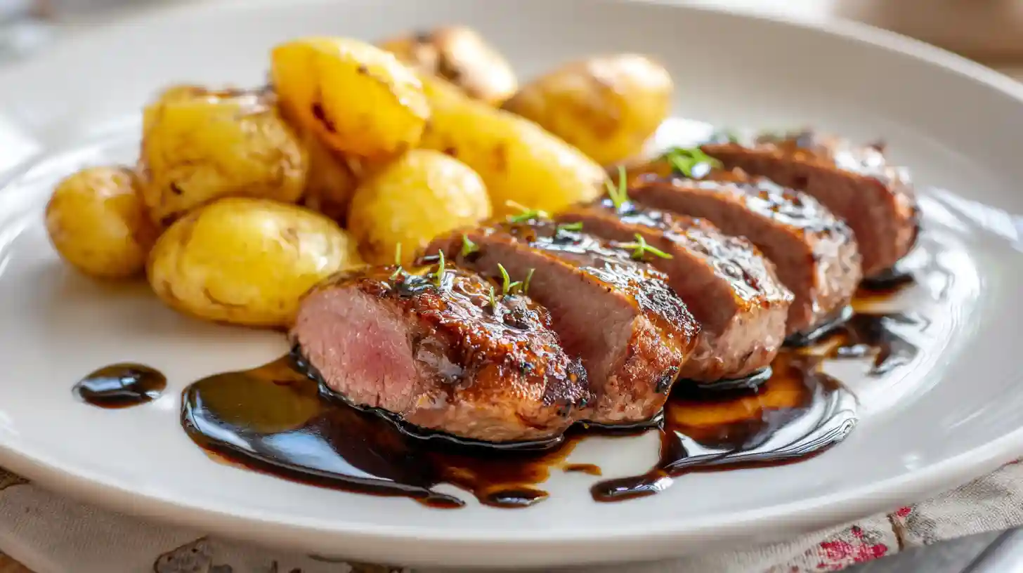Magret de canard tranché avec sauce au miel et pommes de terre