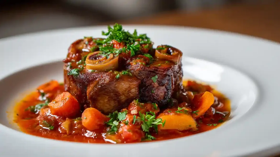 Osso bucco de dinde cookeo dans une assiette blanche