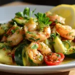 Poêlée de crevettes et courgettes servie dans une assiette blanche