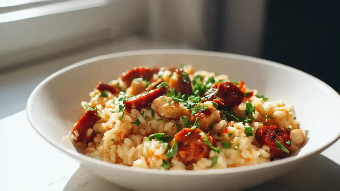 Risotto poulet chorizo au Cookeo dans une assiette blanche
