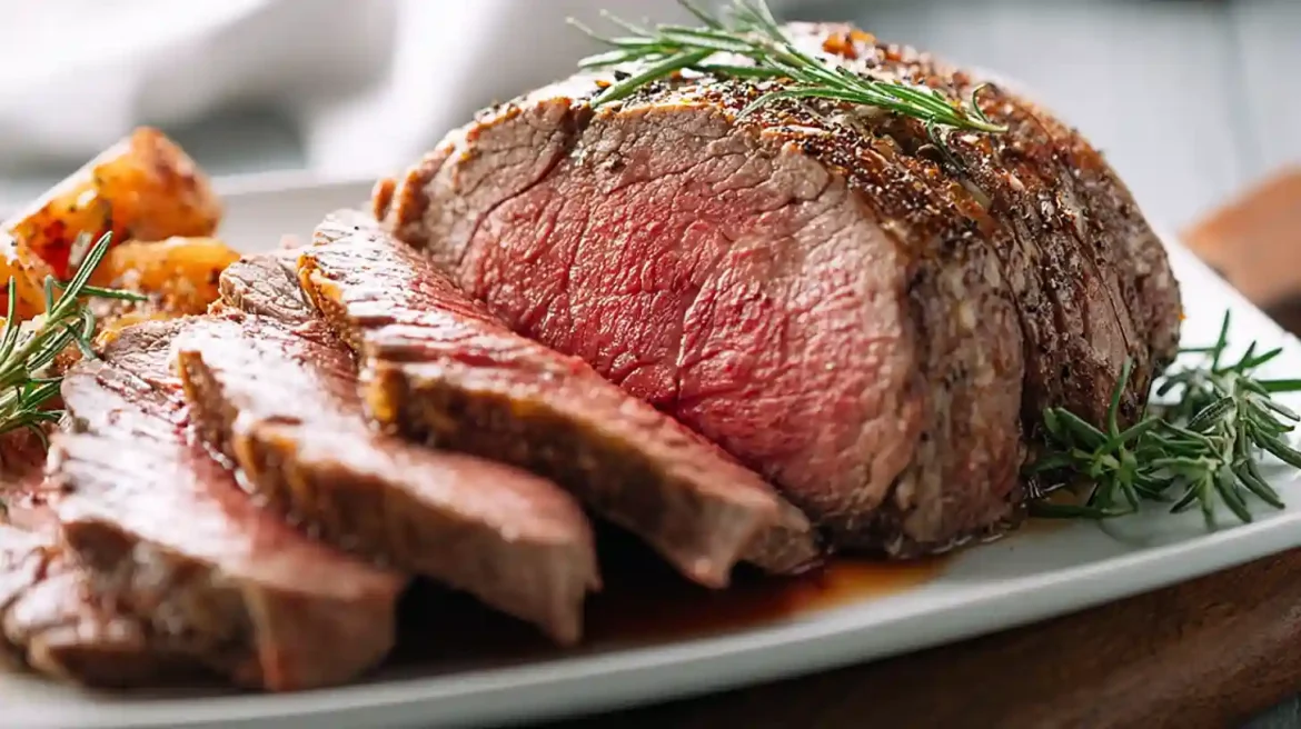 Rôti de bœuf Cookeo Rôti de bœuf Cookeo coupé en tranches, présenté dans une assiette blanche