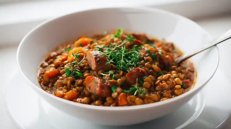 Saucisse lentilles Cookeo Saucisse lentilles Cookeo servies dans une assiette blanche