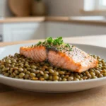 Un plat savoureux de lentilles vertes au saumon préparé au Cookeo.