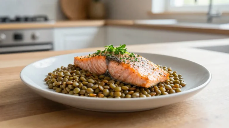 Un plat savoureux de lentilles vertes au saumon préparé au Cookeo.
