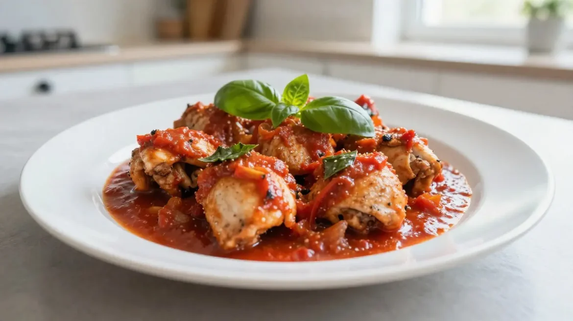 Poulet à la sauce tomate et basilic cookeo Délicieux poulet à la sauce tomate et basilic préparé au Cookeo.