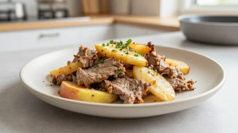 Sauté de porc aux pommes cookeo Savoureux sauté de porc aux pommes préparé au Cookeo, alliant tendreté et douceur des fruits.