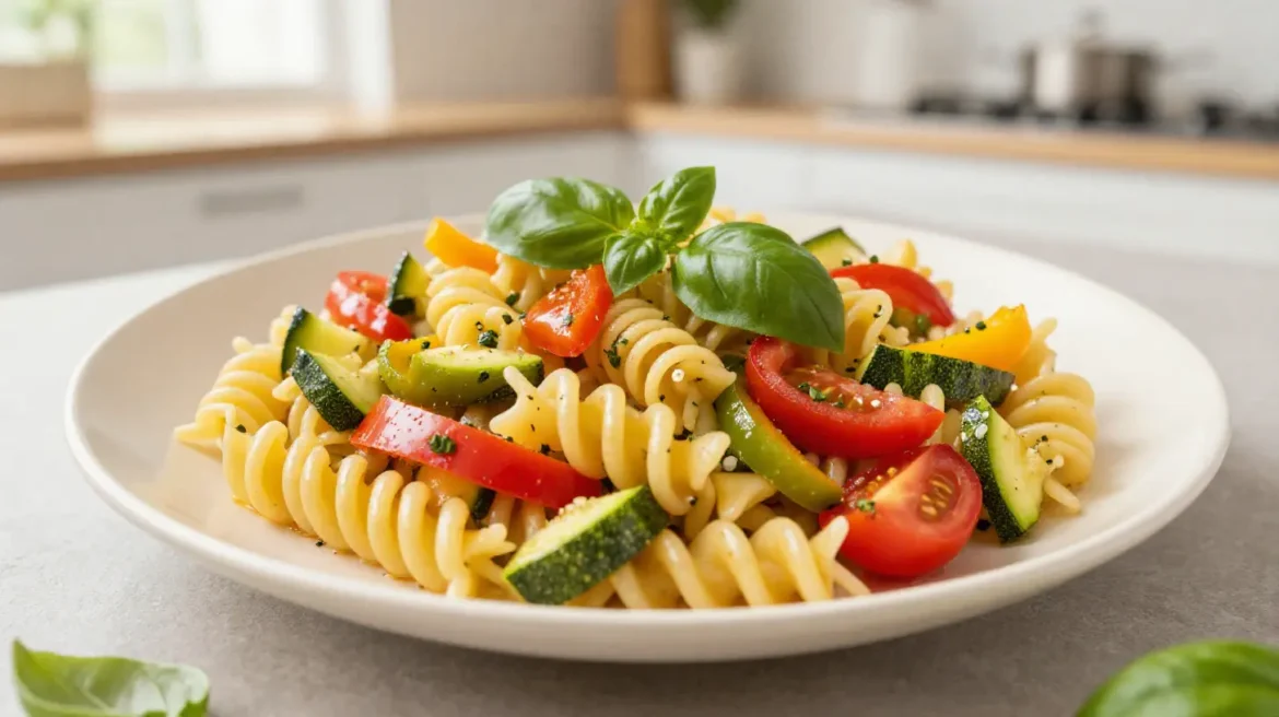 Un plat de one pot pasta aux légumes d'été préparé avec le Cookeo, délicieux et coloré.