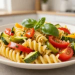 Un plat de one pot pasta aux légumes d'été préparé avec le Cookeo, délicieux et coloré.