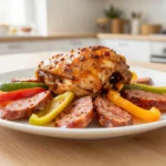 Délicieux poulet au chorizo et poivrons préparé au Cookeo, un plat savoureux et coloré.